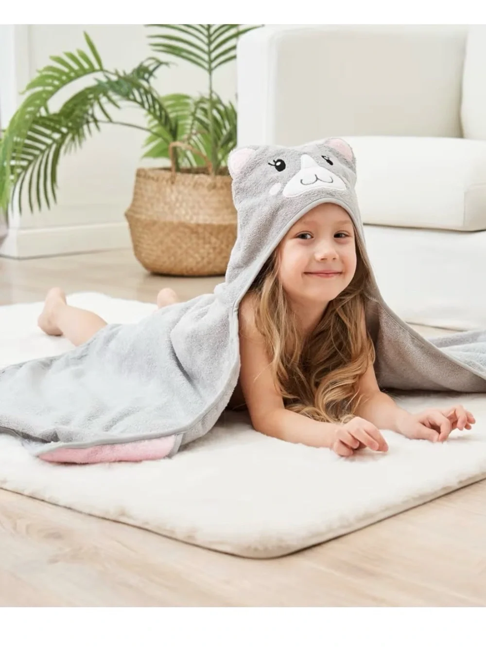 Kids Hooded Cat Towel Wrap - Gray 100% cotton